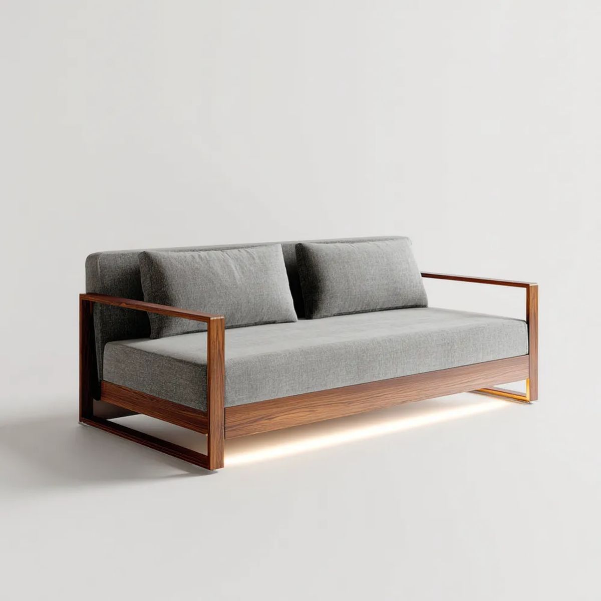 Sofa, Szara sofa z poliestru z drewnianą konstrukcją, wykończenie orzechowe, 160 x 80 x 78 cm