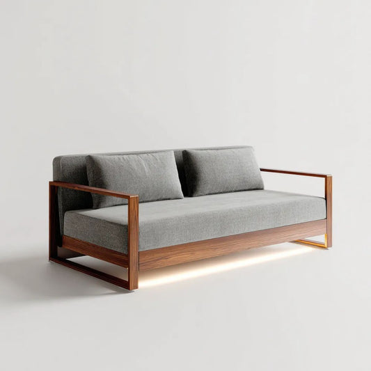 Sofa, Szara sofa z poliestru z drewnianą konstrukcją, wykończenie orzechowe, 160 x 80 x 78 cm