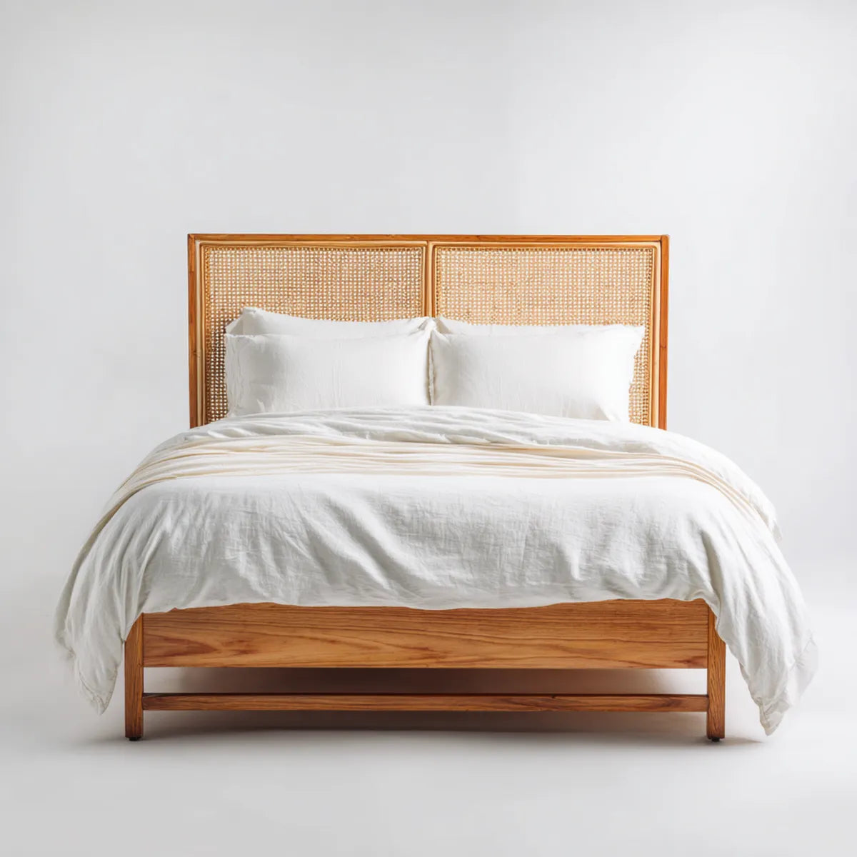 Łóżko dwuosobowe, 160 x 200 cm naturalne podwójne łóżko w hevea stały i prostokątny rattan